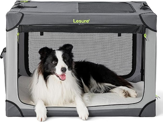 Lesure Soft Collapsible Dog Crate - 36 Inch Portable Travel Crate for Large Dogs Indoor & Outdoor, 4-Door Foldable Pet Kennel with Durable Mesh Windows, Grey