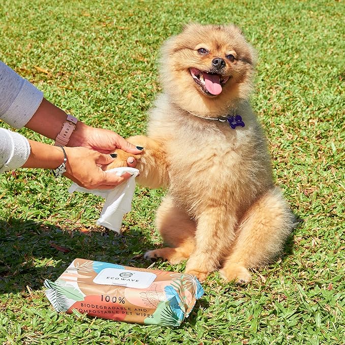 Eco Wave Hypoallergenic Plant-Based Pet Wipes, Dog and Cat Grooming Wipes for Face, Ears, Body, Butt, and Paws, Fragrance Free, Compostable, 100 Count