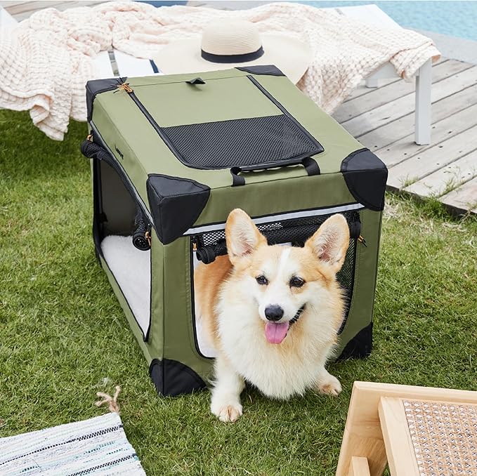 Lesure Soft Collapsible Dog Crate - 26 Inch Portable Travel Crate for Small Dogs Indoor & Outdoor, 4-Door Foldable Pet Kennel with Durable Mesh Windows, Green
