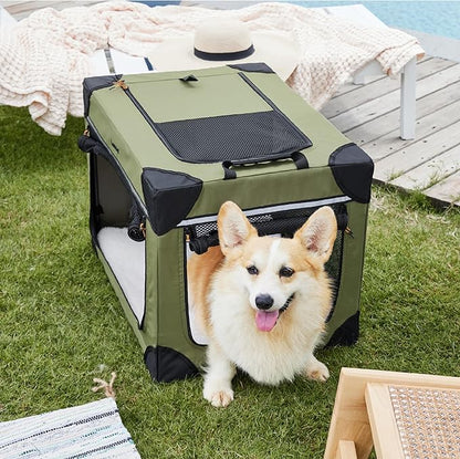 Lesure Soft Collapsible Dog Crate - 26 Inch Portable Travel Crate for Small Dogs Indoor & Outdoor, 4-Door Foldable Pet Kennel with Durable Mesh Windows, Green