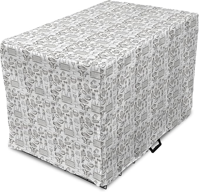 Lunarable Football Dog Crate Cover, Cup Ball Cheerleader Player Sneakers Sports Equipment Sketch Pattern, Easy to Use Pet Kennel Cover for Cats & Medium Dogs, 30 Inch, Charcoal Grey and White