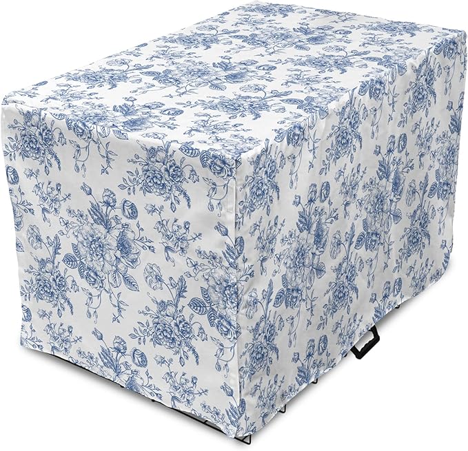 Lunarable Flowers Dog Crate Cover, Floral Themed Monochromatic Roses Peonies Bells Peas Bouquet Composition, Easy to Use Pet Kennel Cover for Medium Large Dogs, 42 Inch, White Blue