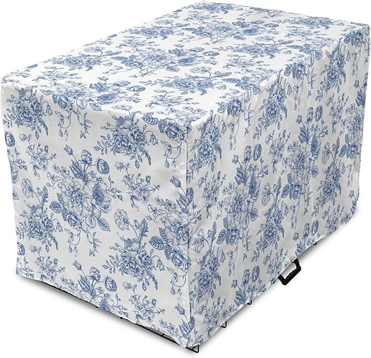 Lunarable Flowers Dog Crate Cover, Floral Themed Monochromatic Roses Peonies Bells Peas Bouquet Composition, Easy to Use Pet Kennel Cover for Medium Large Dogs, 42 Inch, White Blue