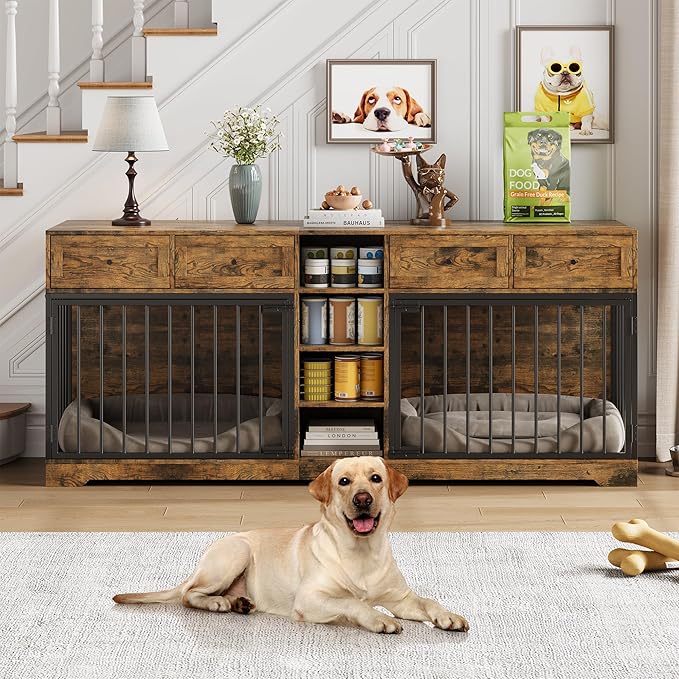 82” Double Dog Crate Furniture, Large Dog Kennel Indoor for 2 Dogs, Heavy Duty Wooden Dog Crate TV Stand with 4 Drawers and Shelves, Brown
