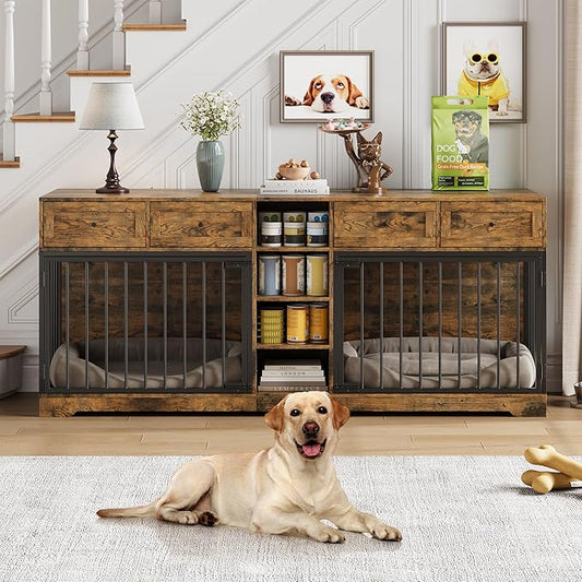 82” Double Dog Crate Furniture, Large Dog Kennel Indoor for 2 Dogs, Heavy Duty Wooden Dog Crate TV Stand with 4 Drawers and Shelves, Brown