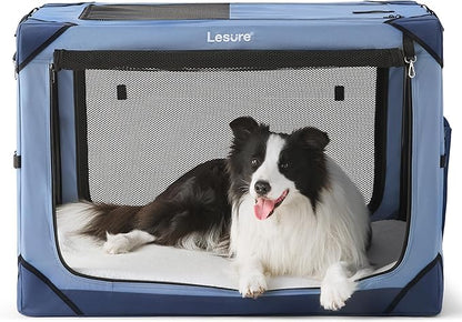Lesure Collapsible Dog Crate - Portable Travel Kennel for Large Dog, 4-Door Pet Crate with Durable Mesh Windows, Indoor & Outdoor, Blue