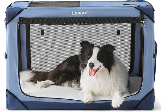 Lesure Collapsible Dog Crate - Portable Travel Kennel for Large Dog, 4-Door Pet Crate with Durable Mesh Windows, Indoor & Outdoor, Blue