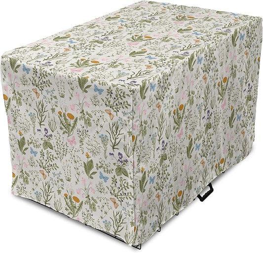 Ambesonne Floral Dog Crate Cover, Vintage Garden Plants Herbs Flowers Botanical Classic Design Art, Easy to Use Pet Kennel Cover for Small Dogs Puppies Kittens, 22 Inch, Pink Blue