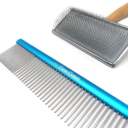 Groomer Bundle: Pet Comb with Oval Handle S Size + Small Pet Slicker Brush, Easy-to-use Grooming tool for Dog and Cat, Not Scratchy, Pull all the Loose Fur, 20% Fine Metal Teeth