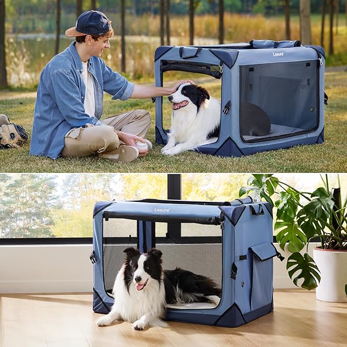 Lesure Collapsible Dog Crate - Portable Travel Kennel for Large Dog, 4-Door Pet Crate with Durable Mesh Windows, Indoor & Outdoor, Blue