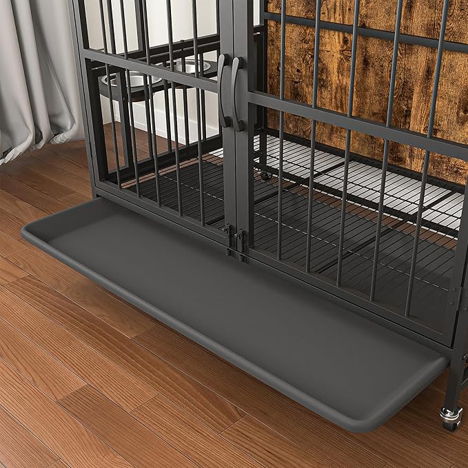 NicBex Dog Crate Furniture Dog Cage with 360 Degree Rotation Height Adjustable Feeding Bowls, Dog Kennels for Inside, Wooden Dog Crate with Lift Panel and Wheels, Antique Brown