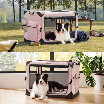 Lesure Collapsible Dog Crate - Portable Travel Kennel for Extra Large Dog, 4-Door Pet Crate with Durable Mesh Windows, Indoor & Outdoor, Pink