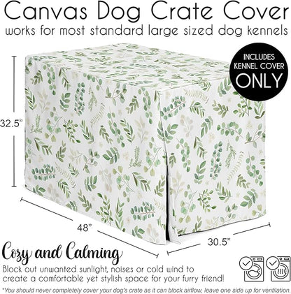 Sweet Jojo Designs Green Boho Floral Leaf Dog Crate Cover – Kennel Covers for 48 Inch Pet Cage Large - Neutral Sage White Bohemian Watercolor Botanical Flower Woodland Tropical Garden Nature