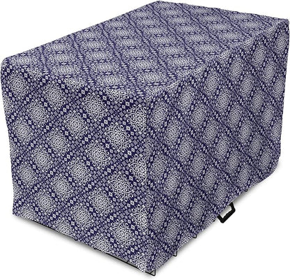 Lunarable Royal Blue Dog Crate Cover, Antique Moroccan Style Exotic Orient Inspired Ceramic Pattern Print Art, Easy to Use Pet Kennel Cover for Medium Large Dogs, 18 Inch, Indigo and White