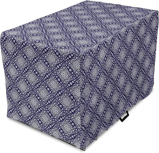 Lunarable Royal Blue Dog Crate Cover, Antique Moroccan Style Exotic Orient Inspired Ceramic Pattern Print Art, Easy to Use Pet Kennel Cover for Medium Large Dogs, 18 Inch, Indigo and White