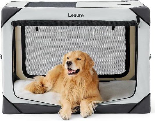 Lesure Collapsible Dog Crate - Portable Travel Kennel for Extra Large Dog, 4-Door Pet Crate with Durable Mesh Windows, Indoor & Outdoor, Light Gray