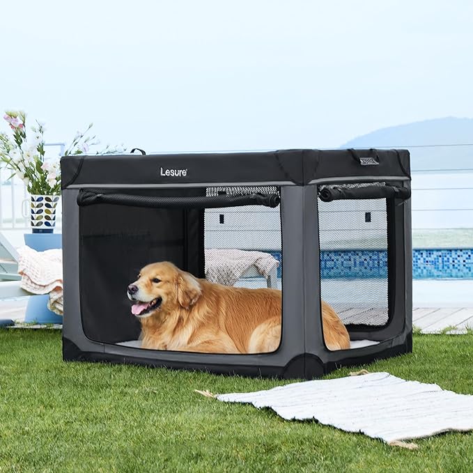 Lesure Soft Collapsible Dog Crate - 42 Inch Portable Travel Crate for Extra Large Dogs Indoor & Outdoor, 4-Door Foldable Pet Kennel with Durable Mesh Windows, Black