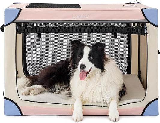 Lesure Soft Collapsible Dog Crate - 36 Inch Portable Travel Crate for Large Dogs Indoor & Outdoor, 4-Door Foldable Pet Kennel with Durable Mesh Windows, Pink