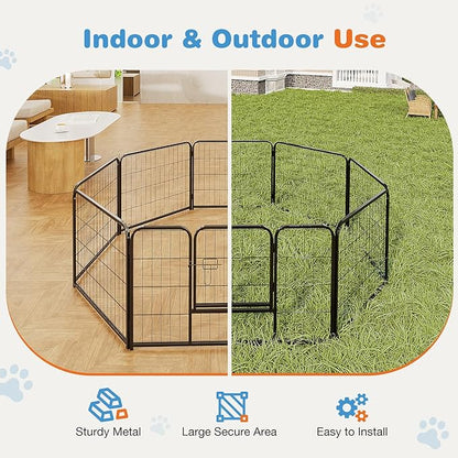 Sweetcrispy Dog Playpen Indoor - Pet Fence Puppy Exercise Pen for Yard Gate 8 Panel 24” Height Heavy Duty Crates with Doors Metal Dog Pen for Camping, RV, Outdoor, Small/Medium Pets