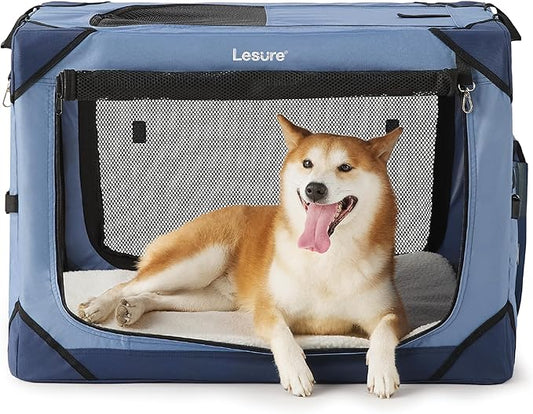 Lesure Collapsible Dog Crate - Portable Travel Kennel for Medium Dog, 4-Door Pet Crate with Durable Mesh Windows, Indoor & Outdoor, Blue