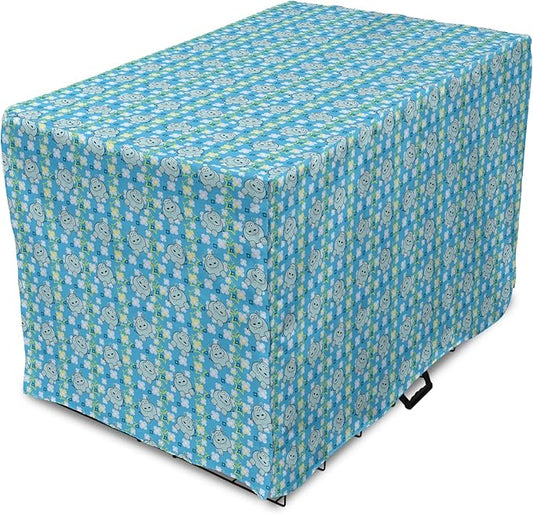 Lunarable Yellow and Blue Dog Crate Cover, Funny Cartoon Hippopotamus with Stars and Daisy Flowers, Easy to Use Pet Kennel Cover for Medium Large Dogs, 42 Inch, Pale Blue White Yellow
