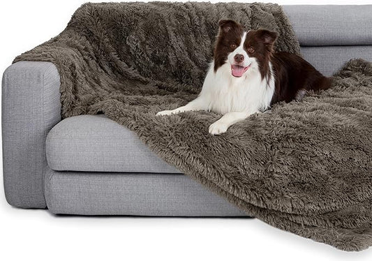 gogobunny Waterproof Plush Long Faux Fur Pet Throw Blanket Ultra Soft Fluffy Bed Couch Cover Washable - Premium Flannel Calming Blankets for Dog Puppy Cat (50x60 Inch (Pack of 1), Stone)
