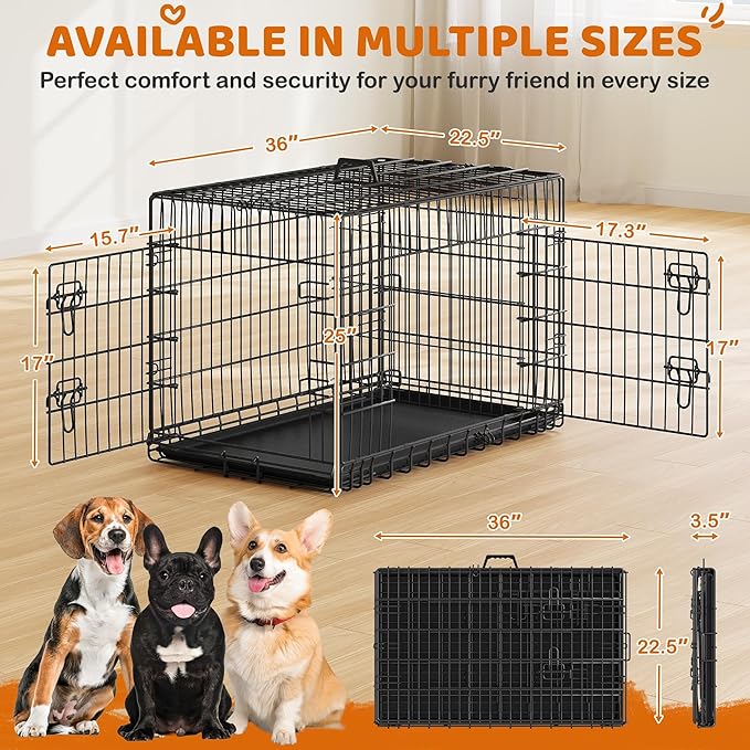 Yaheetech 36 inch Double Door Dog Crate w/Divider for Puppy, Collapsible Metal Dog Kennel with Removable Tray, Portable Travel Cage, Black