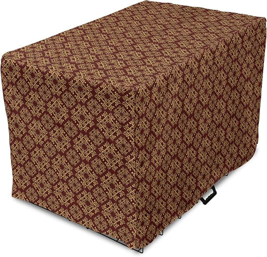 Lunarable Burgundy Dog Crate Cover, Royal Victorian Pattern with Antique Design Elements Baroque Swirls Squares, Easy to Use Pet Kennel Cover for Cats & Medium Dogs, 30 Inch, Burgundy Mustard