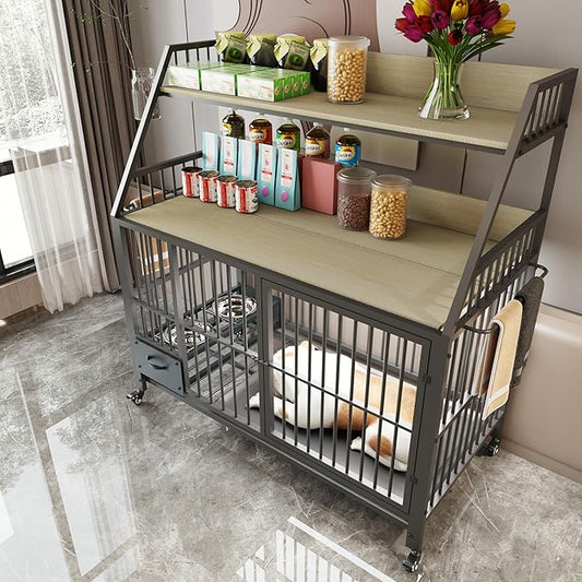 KEIKI 47 Inch Dog Crate Furniture for Large Medium Dogs, with Storage Shelves and Bowls, Indoor Dog Cage with 360° Caster Wheels & Flip-top Plate, Beige