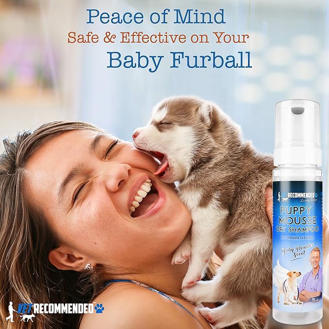 Puppy Shampoo - Waterless Dog Shampoo - No Rinse Dry Foam Mousse - Fur Baby Powder Scent - 8oz/240ml, Made in USA.