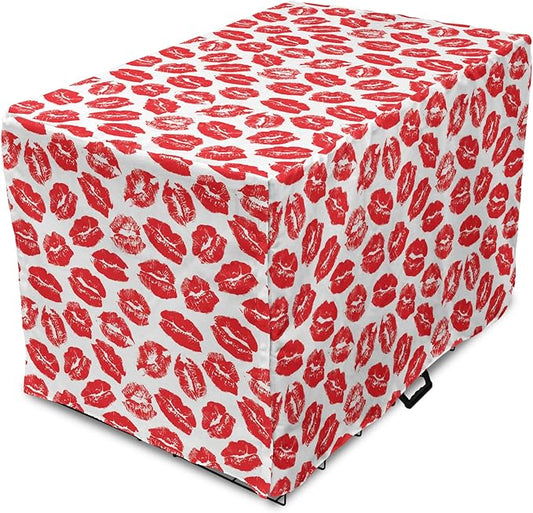 Lunarable Kiss Dog Crate Cover, Rhythmic Make up Red Luscious Lips Lipstick Imprint Illustration, Easy to Use Pet Kennel Cover for Medium Large Dogs, 48 Inch, Dark Pink and White