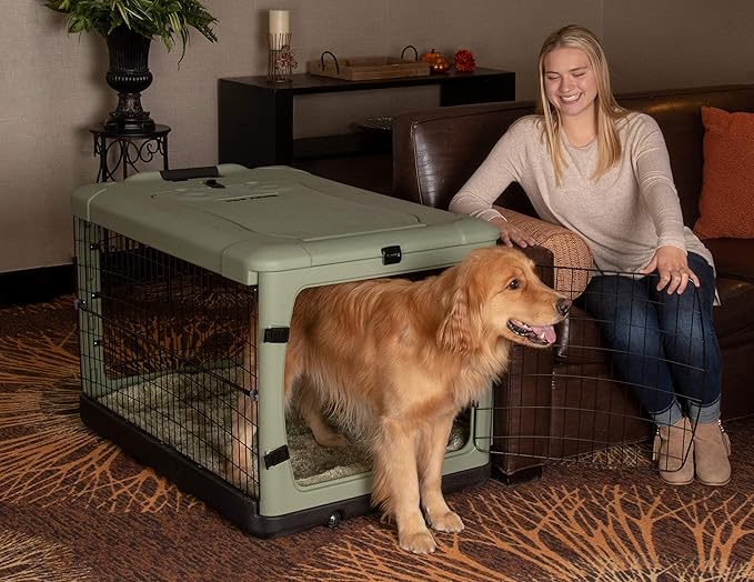 Pet Gear “The Other Door” 4 Door Steel Crate for Dogs/Cats with Garage-Style Door, Includes Plush Bed + Travel Bag, No Tools Required, Willow
