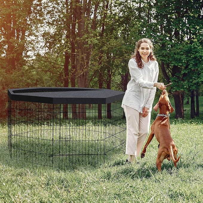Pet Playpen Dog Pen Foldable Dog Exercise Fence 8 Panels 30 Inch Kennels Pet Playpen Options Ideal for Pet Medium Animals Outdoor Indoor (Playpen with Top Cover)