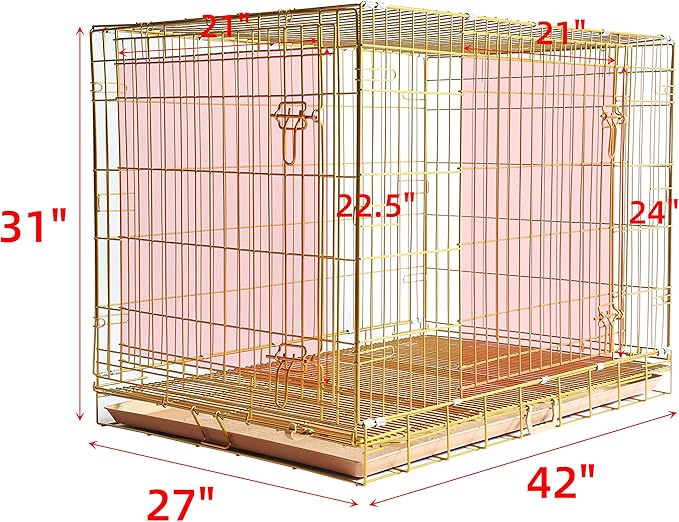 HOMEY PET Copper Gold Dog Crate 42 Inch, Portable Folding Metal Wire Dog Kennel Pet Dog Cage with Removable Floor Grid, Pull-Out Tray, Double Doors, Handle for Large Dogs, Indoor Outdoor