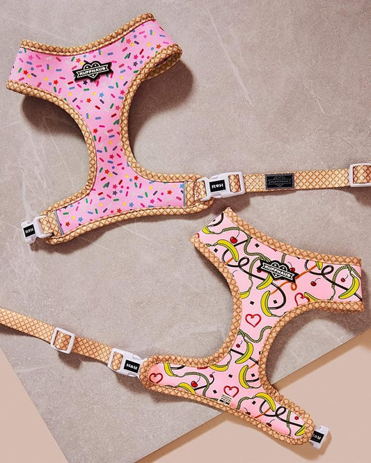 Ruffhaus NYC Pink Sprinkles Reversible Dog Harness, Ice Cream Waffle Cone, Banana Split Printed No Pull Harness Puppy Gift Girl Dog Birthday & Gotcha Day Medium