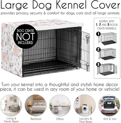 Sweet Jojo Designs Blush Pink Grey Boho Floral Dog Crate Cover – Kennel Covers for 48 Inch Pet Cage Large - Bohemian Farmhouse Shabby Chic Rose Lily Watercolor Flower Elegant Gray and White