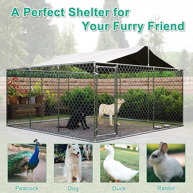 Outdoor Dog Kennel Dog Crate with Lockable Swing Gate,Water & UV Resistant Dog Enclosure Outdoor W/Pitched Roof,Heavy Duty Dog Pens Dog House Outside for Large Dogs,Gray(178"x178")