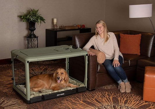 Pet Gear “The Other Door” 4 Door Steel Crate for Dogs/Cats with Garage-Style Door, Includes Plush Bed + Travel Bag, No Tools Required, Willow