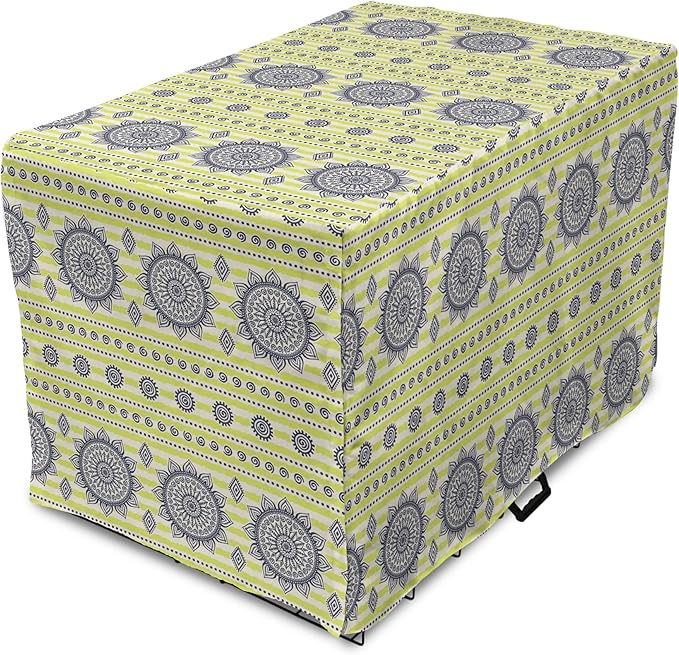 Lunarable Bohemian Mandala Dog Crate Cover, Floral Sun Motif on Brush Drawn Stripes with Dots, Easy to Use Pet Kennel Cover for Small Dogs Puppies Kittens, 18 Inch, Night Blue Yellow