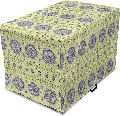 Lunarable Bohemian Mandala Dog Crate Cover, Floral Sun Motif on Brush Drawn Stripes with Dots, Easy to Use Pet Kennel Cover for Small Dogs Puppies Kittens, 18 Inch, Night Blue Yellow