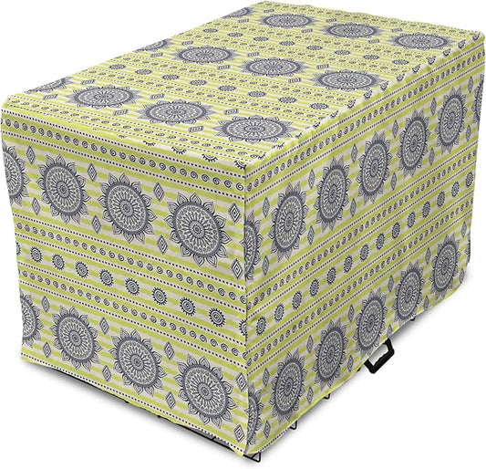 Lunarable Bohemian Mandala Dog Crate Cover, Floral Sun Motif on Brush Drawn Stripes with Dots, Easy to Use Pet Kennel Cover for Small Dogs Puppies Kittens, 18 Inch, Night Blue Yellow