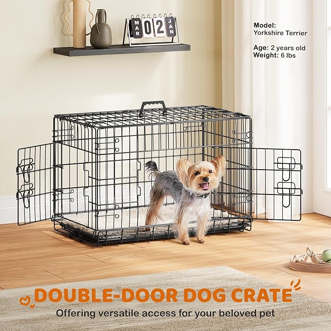 Yaheetech 30 inch Double Door Dog Crate w/Divider for Puppy, Collapsible Metal Dog Kennel with Removable Tray, Portable Travel Cage, Black