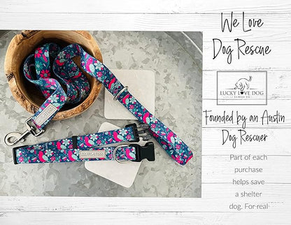Lucky Love Dog, Whimsical Bird Dog Collar, Vivid Pink, Mint, Blue Flowers Large Dog Collar, Adjustable Collars for Female Male Dogs - (L, Carriebelle Collar)