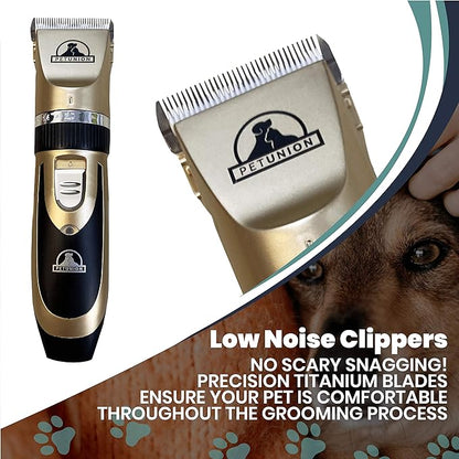 Pet Union Professional Dog Grooming Kit - Rechargeable, Cordless Pet Grooming Clippers & Complete Set of Dog Grooming Tools. Low Noise & Suitable for Dogs, Cats and Other Pets (Gold)