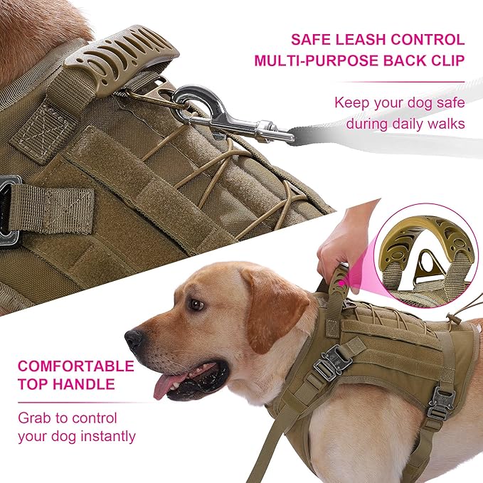 Tactical Dog Harness with All 4 Metal Buckle, Working Dog Vest with Reflective Patch and Reflective Do Not Pet Patch, Dog Vest Harnesses with Handle, Black for Small,Medium, Large Dog, Brown XL