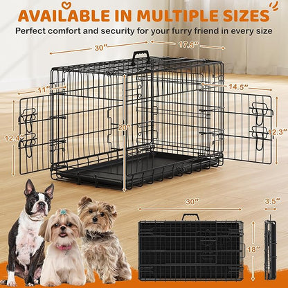 Yaheetech 30 inch Double Door Dog Crate w/Divider for Puppy, Collapsible Metal Dog Kennel with Removable Tray, Portable Travel Cage, Black