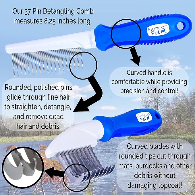 2 In 1 Dematting Razor Comb and 37 Pin Detangling Pet Comb Set - Removes Knots, Matted Fur, & Tangles Gently For Dogs & Cats