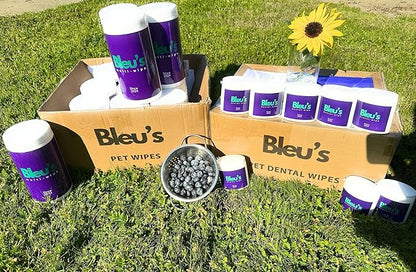 Bleu's Multi-Wipe pet Wipe Dog and Cat Grooming Blueberry Scented Ideal for Ears, Eyes and Tears, Face, Nose, Paws, Claws, Fur, Tails and Booties. Eco-Friendly, compostable