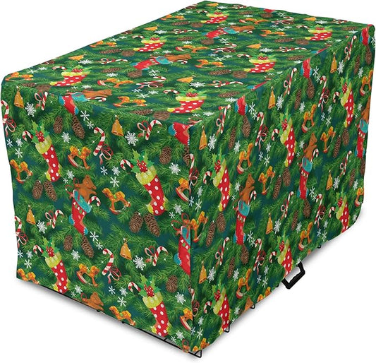 Ambesonne Christmas Dog Crate Cover, Xmas Accessories Stockings Candies Horse Teddy Bear on Pine, Easy to Use Pet Kennel Cover for Medium Large Dogs, 42 Inch, Green Brown