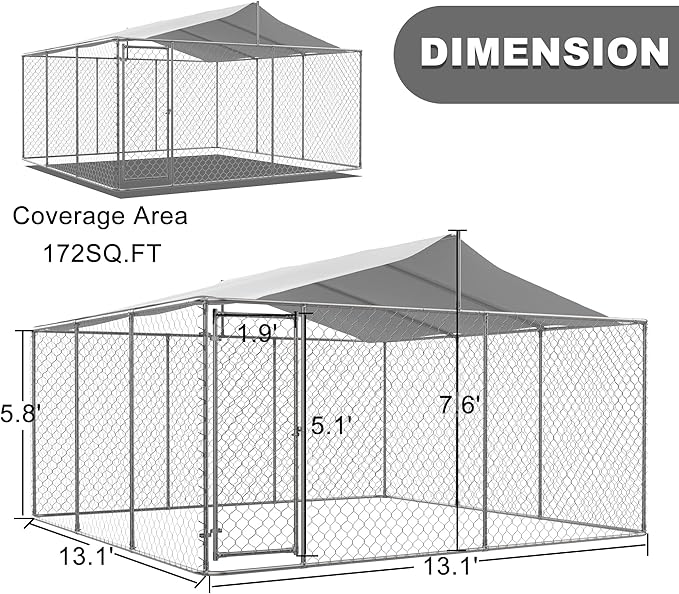 Outdoor Dog Kennel Dog Crate with Lockable Swing Gate,Water & UV Resistant Dog Enclosure Outdoor W/Pitched Roof,Heavy Duty Dog Pens Dog House Outside for Large Dogs,Gray(157"x 157")